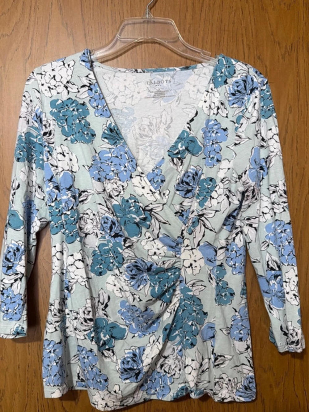 Talbots Light Blue and White Floral Wrap-Front Long Sleeve Top
